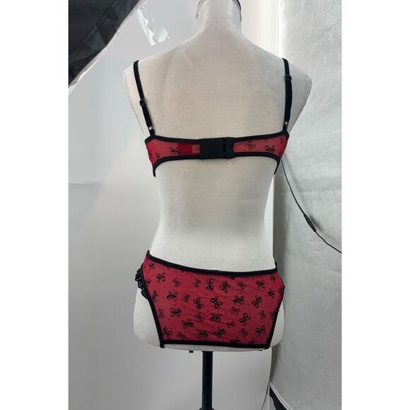 Red & Black Sheer Lingerie Set – Size Large – Crotchless – Bow Print – Ruffle Tr - Picture 7 of 12
